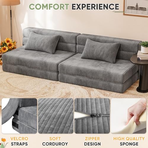 Homall Folding Sofa Bed, Floor Couch Convertible Sleeper Chair with Pillow, Comfy Futon Lounge Sofas, Portable Fold Out Chair Bed for Living Room, Small Space (Corduroy, Slate Grey) Homall