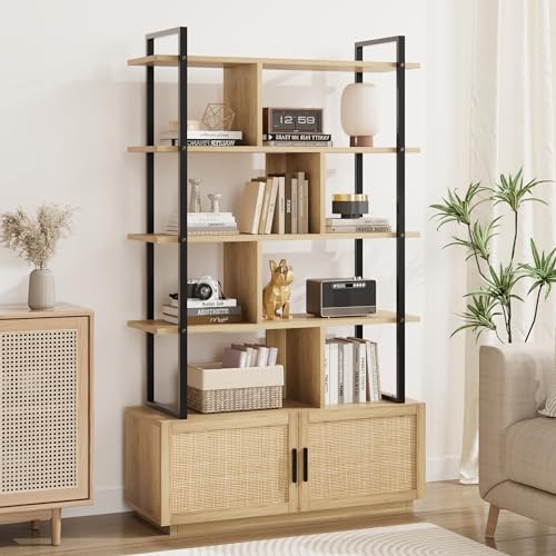 GAOMON 5-Tier Burlywood Industrial Bookshelf with Storage Cabinet and Open Display Shelves - WoodArtSupply