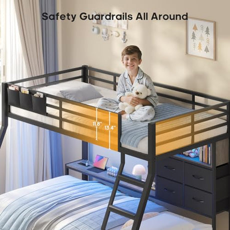 BTHFST Bunk Bed Twin Over Twin with 4 Storage Drawers & Shelves & Bedside Caddy, Twin Bunk Beds with Charging Station & LED Lights, Metal Loft Bed with Safety Guardrail & Angled Ladder, Black & Grey BTHFST