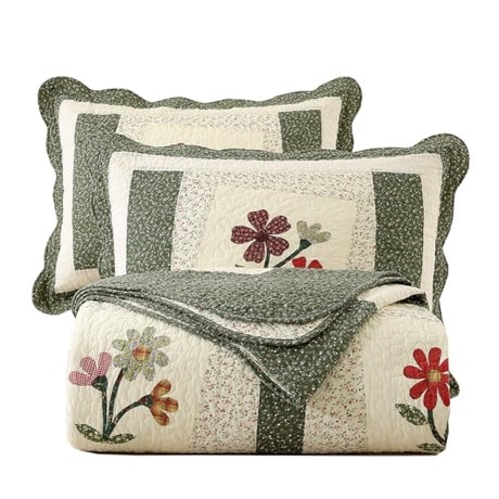 vctops Farmhouse Green 2 Piece Embroidered Floral Quilted Bedspread Quilt Set 100% Cotton Reversible Patchwork Coverlet Set 1 Quilt and 1 Pillow Sham (Green,Twin) vctops