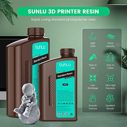 SUNLU 3D Printer Resin 3kg, Fast Curing Standard 3D Resin for Most Resin 3D Printers, 395 to 405nm UV Curing 3D Printing Liquid Photopolymer Resin, Low Shrinkage and High Precision, 3000g, Dark Grey