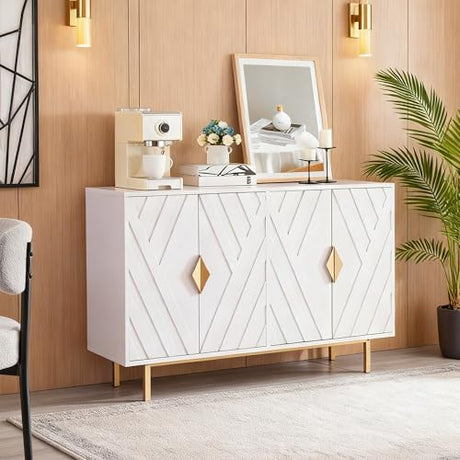 VAXZOFI Sideboard Buffet Cabinets with Storage, Accent Storage Cabinets with Fluted Doors, Gold Metal Handle and Legs, Wood Console Table Credenza for Living Room, Entryway, White VAXZOFI