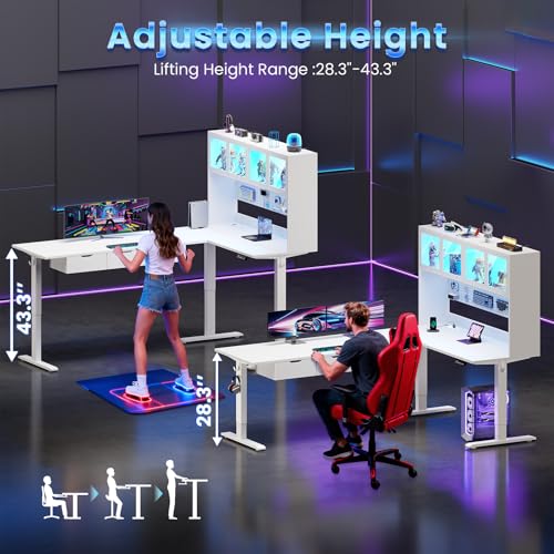 SEDETA 68.9" Standing L Shaped Gaming Desk, Office Computer Desk with Storage Hutch and Drawers, Stand Up Corner Desk with Pegboard & Led Lights for Home Office, White SEDETA