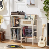 LELELINKY Record Player Stand, White Cream Oak Wood Record Holder with Vinyl Storage Holds up to 300+ Albums, 3-Tier Rattan Media Table with Vinyl Display Shelf, Record Storage Cabinet for Living Room LELELINKY