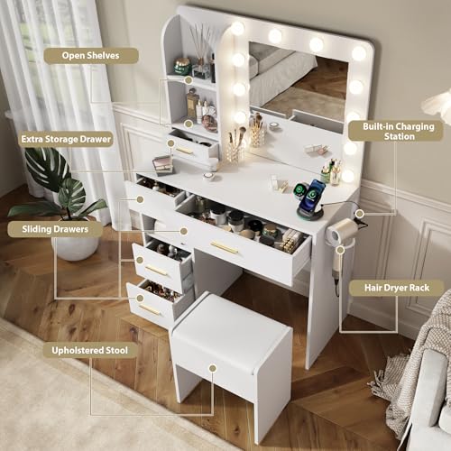 Furnivado Vanity Desk with Mirror and Lights, 3 Adjustable Lighting Makeup Vanity Desk with 3 Storage Shelves, 5 Large Drawers and Power Outlet, Vanity with Chair for Bedroom, White Furnivado