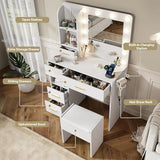 Furnivado Vanity Desk with Mirror and Lights, 3 Adjustable Lighting Makeup Vanity Desk with 3 Storage Shelves, 5 Large Drawers and Power Outlet, Vanity with Chair for Bedroom, White Furnivado