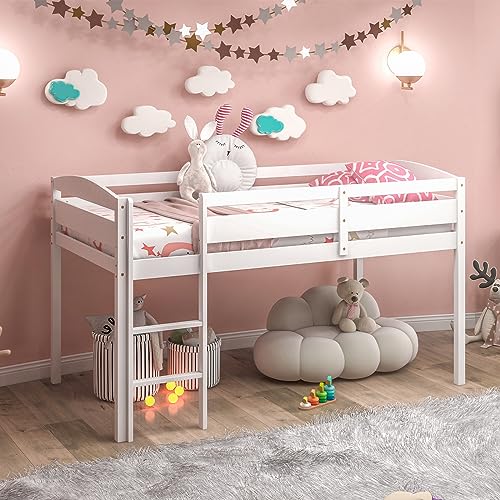 Giantex Twin Loft Bed with Ladder, Wood Low Profile Loft Bed with 30" Clearance & Safety Guard Rails, Space-Saving Loft Bed Frame for Kids Teens Junior, No Box Spring Needed, Kids Bed Frame, White Giantex