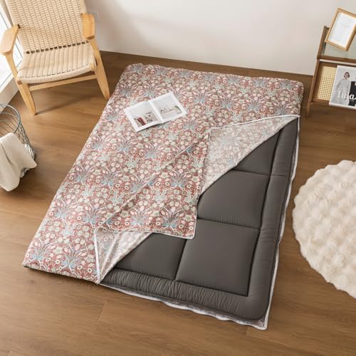 Arzocolia 100% Cotton Futon Cover for Japanese Futon Floor Mattress with Zipper Twin Full Queen Machine Washable Super Soft (Red Toned Flower, Full) Arzocolia