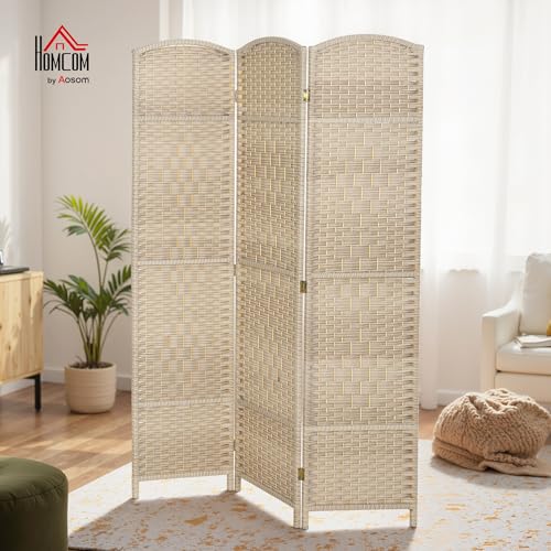 HOMCOM 3 Panel Room Divider, 6' Tall Folding Privacy Screen, Woven Freestanding Wall Partition for Home Office, Bedroom, Washed Oak HOMCOM