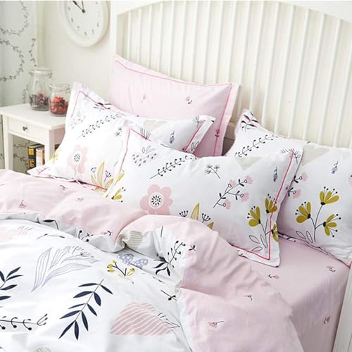 Pink Floral Fitted Sheet Cotton Flower Print Bedding Sheet Queen Cooling Soft Kids Girls Fitted Sheet Deep Pocket Single Bed Sheet Lightweight Cotton Floral Bedding Mattress Cover (NO Pillowcases) LifeTB