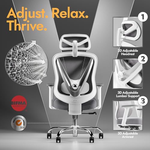 HOLLUDLE Ergonomic Mesh Office Chair - 3D Adjustable Lumbar Support & 3D Armrests, V-Shaped Back, Adjustable Desk Chair for Office & Home, White HOLLUDLE