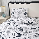 SDIII 4PCS Black and White Gamer Bedding Sheet Sets for Boys Girls Teens and Kids, Bed in a Bag Sheet Set Queen Size, Video Game Bed Sheet Set on Amazon, Queen SDIII