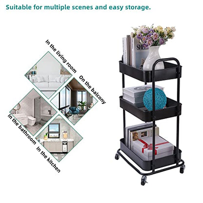 YOHKOH 3-Tier Metal Rolling Utility Cart, Storage Trolley Cart with Mesh Baskets and Lockable Wheels for Bathroom Kitchen Office (Dark Black) - WoodArtSupply