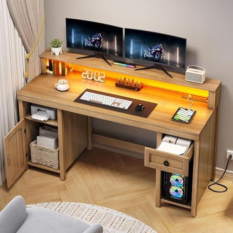 DWVO Farmhouse Office Desk with Drawer & Power Outlets, Rattan Computer Desk w/LED Strip & Monitor Stand for Bedchamber Study, Home Office Table w/Storage Cabinet for Working Writing Gaming (Oak) DWVO