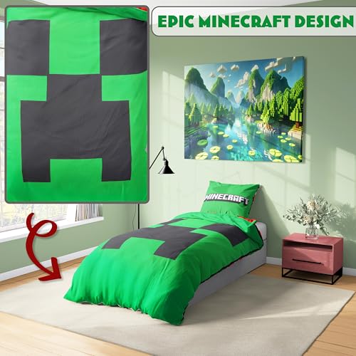 Get Trend Minecraft Single Duvet Cover Set with Pillowcase for Boys, 53"x79", Reversible Creeper TNT, Soft Boys Bedding, Gamer Gifts for Kids (Green Minecraft) Get Trend