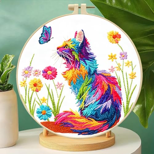 Zhenqing Rainbow Cat and Butterfly Embroidery Kit for Beginners, Whimsical Colorful Cat Design on Pre-Printed 29x29cm Circular Cotton Fabric with 20cm Hoop (C0209)