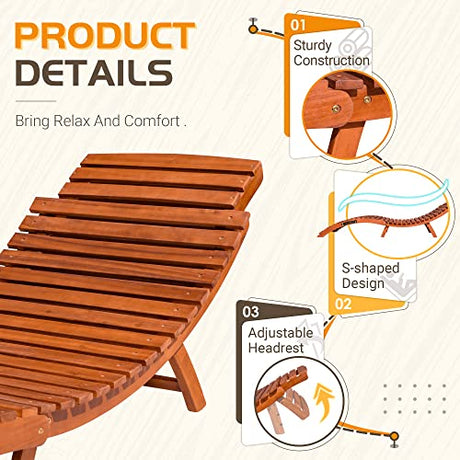 Greesum Wood Folding Chaise Lounge Chair, Weatherproof Extended Sun Lounger with Adjustable Headrest for Patio, Balcony Poolside Garden, Set of 2, Wooden Greesum
