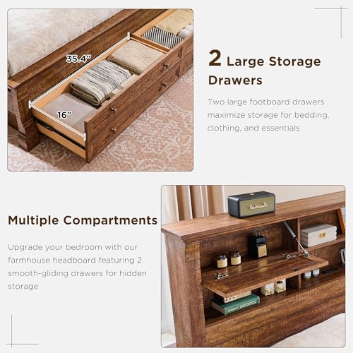 Farmhouse King Size Bed Frame with 54" Tall Headboard, Headboard with 4 Storage Rack, 2 Drawers, Wood Platform Bed Frame,18" Roman Column Decoration Footboard, No Box Spring Needed(Reclaimed Barnwood) T4TREAM