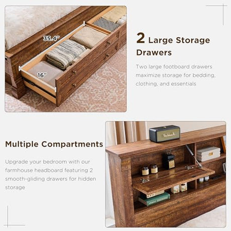 Farmhouse King Size Bed Frame with 54" Tall Headboard, Headboard with 4 Storage Rack, 2 Drawers, Wood Platform Bed Frame,18" Roman Column Decoration Footboard, No Box Spring Needed(Reclaimed Barnwood) T4TREAM