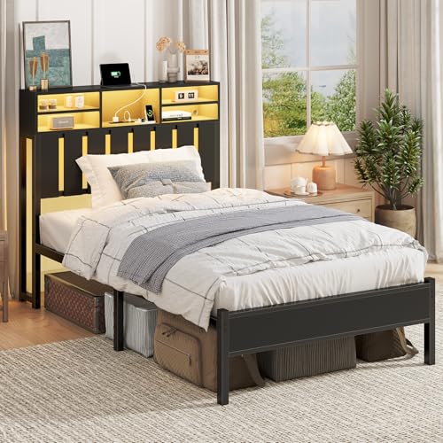 Twin Size Bed Frame with Charging Station and LED Lights, Twin Bed Frames with Storage Headboard, Black LED Bed Frame with Storage Shelves, Metal Platform with Under-Bed Storage, No Box Spring Needed CSZZD