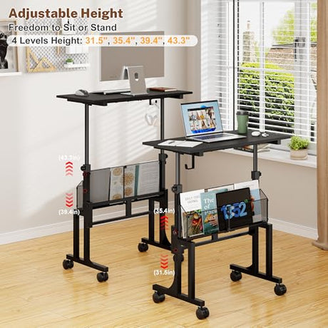 Height Adjustable Standing Desk With Storage, Small Stand Up Desk With wheels, Portable Rolling Desk for Home Office, Mobile Sit Stand Desk for Small Spaces, For Walking Pad Treadmill, Black Huxitocan