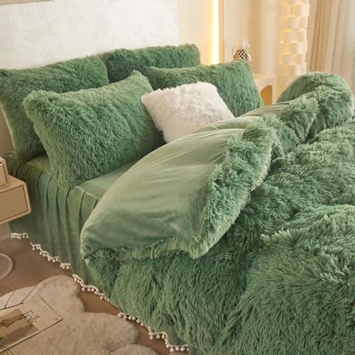HAIHUA Faux Fur Sage Green Comforter Cover Queen Set, Soft Fluffy Shaggy Sage Green Bedding Queen Set 3 Pieces (1 Fuzzy Duvet Cover + 2 Plush Pillow Cases) Furry Bed Set, Zipper Closure HAIHUA