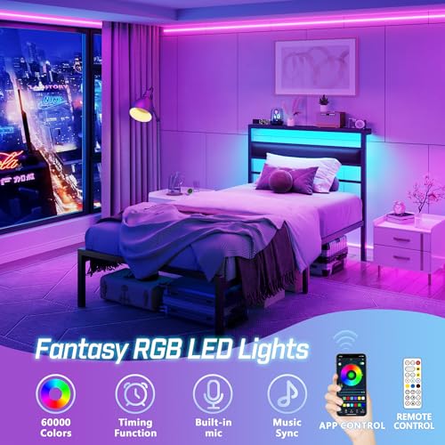 OURPIC Twin Bed Frames for Kids, Metal Platform Bed Frame Twin Size with Charging Station and LED Lights, Upholstered Headboard and Storage Shelf, No Box Spring Needed, Easy Assembly OURPIC