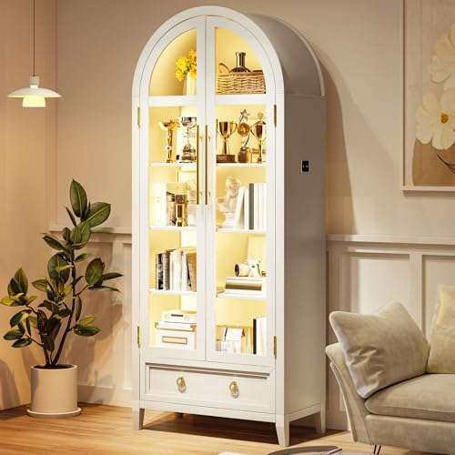 HNEBC Book Shelf with LED Lights, Arched Display Case with Storage Cabinet, Smart Pantry Cabinet with Glass Door, Bookcase, Toy Organizer with Solid Wood Legs for Livng Room/Bedroom Furnniture-White HNEBC