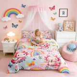 Feelyou Cute Axolotl Comforter Cartoon Salamander Comforter Set for Kids Boys Girls Rainbow and Butterflies Bedding Set Ombre Quilt Set Bedroom Collection 2Pcs Twin Size Feelyou