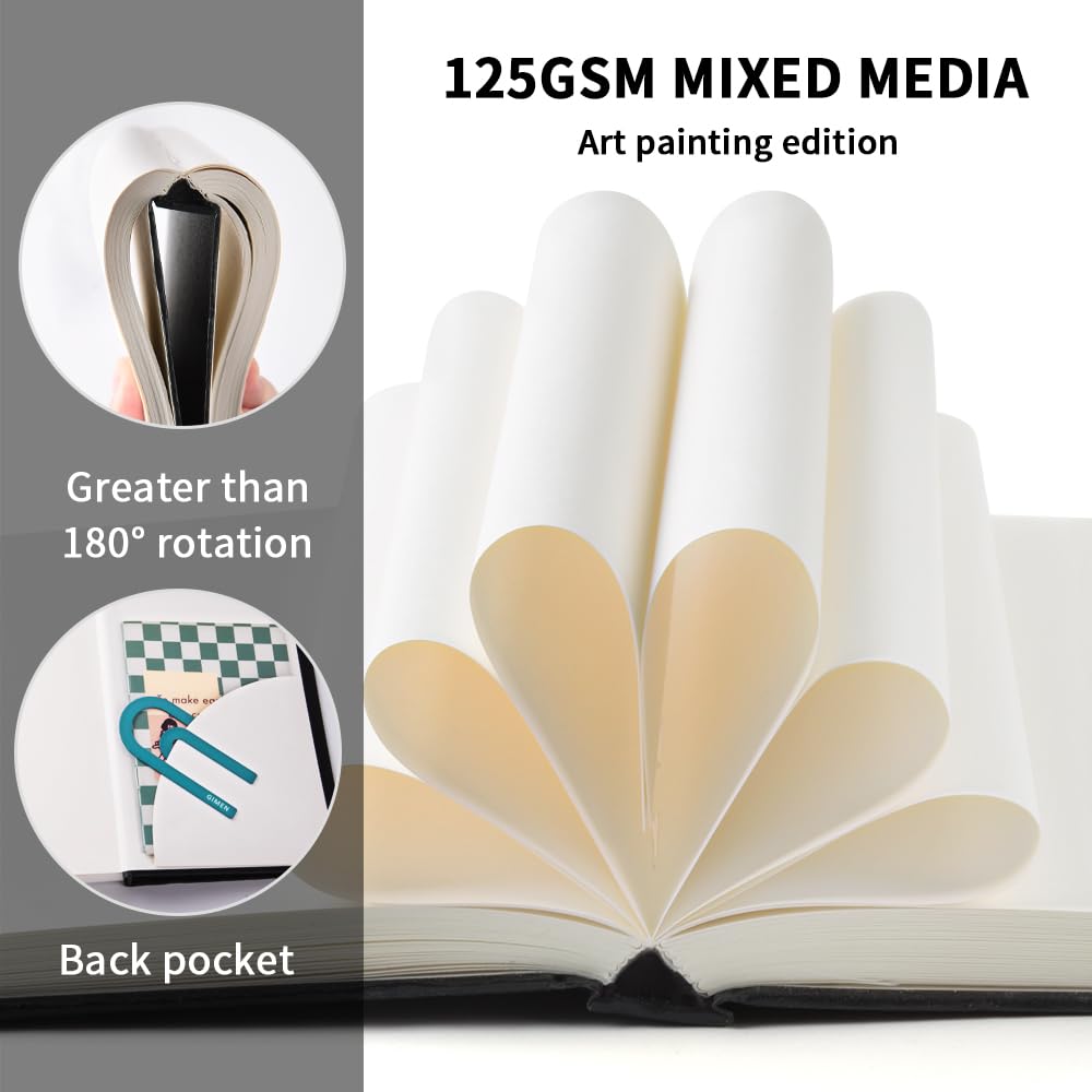 Mixed Media Art Sketchbook, 4 x 6 inches, 100 Sheets/200 Pages 125 GSM Acid-Free Beige Drawing Papers, Small Hardcover Art Journal Sketchbook for All Artists or Beginners.Black Wanshui