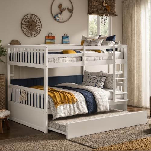 PVWIIK Full Over Full Bunk Bed with Trundle and Ladder for Kids Bedroom,Wood Bed Frame with Safety Rails,Convertible to 2 Bed,No Box Spring Needed,White PVWIIK