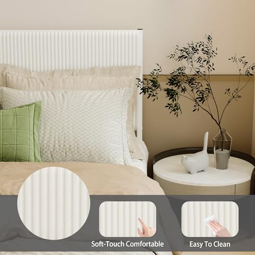 ARFARLY Floating Bed Frame Queen Size with Upholstered Headboard Queen Bed Frame with Charging Station and LED Lights Easy to Assemble White ARFARLY