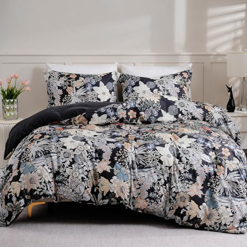 LONAVA Queen Flower 3 Pcs Duvet Cover Set, Breathable Soft Microfiber Black Lining Comforter Cover with Zipper Closure, and 2 Anti-Pilling, Fade Resistant Pillowcases, Midnight Blossoms LONAVA