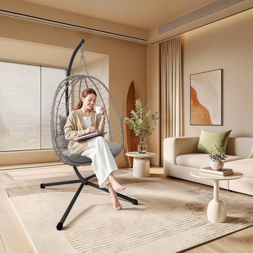XLRUISEN Hanging Egg Chair with Stand, Outdoor Indoor Rattan Wicker Swing Chair, Foldable Patio Hammock with Cushion, Dark Grey, 350 LBS Capacity (Light Grey) XLRUISEN