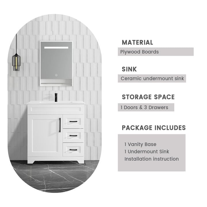 BUPWHEK 30” Luxurious Bathroom Vanity with Ceramic Sink Combo, White Bathroom Cabinet with 1 Soft Closing Door & 3 Full Extension Drawers, Faucet and Pop Up Drain Included BUPWHEK
