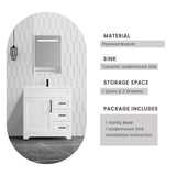 BUPWHEK 30” Luxurious Bathroom Vanity with Ceramic Sink Combo, White Bathroom Cabinet with 1 Soft Closing Door & 3 Full Extension Drawers, Faucet and Pop Up Drain Included BUPWHEK