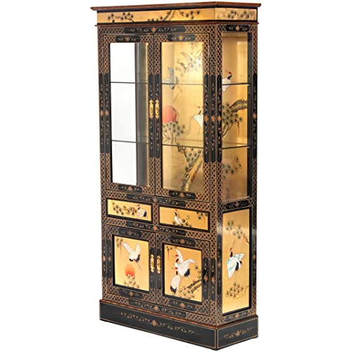 Red Lantern Artisan Crafted Lacquer Curio Cabinet - Gold Leaf with Hand Painted Cranes, Two Door