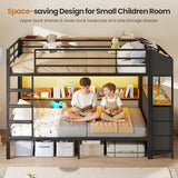 DICTAC Twin Over Twin Bunk Bed with 6 Storage Drawers,Led Lights and Charging Station Metal Bunk Beds with Side Bookcase,3 Storage Boxes &Shelf,L-Shaped bunk Bed with Safety Guardrail and Ladder,Black DICTAC