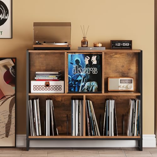 Welfuturer Large 3 Tier Record Player Stand Turntable Stand with Vinyl Storage Holds up to 300+ Albums Mid-Century Record Player Cabinet Table for Vinyl Records with 4 Dividers for Living Room (Brown) Welfuturer