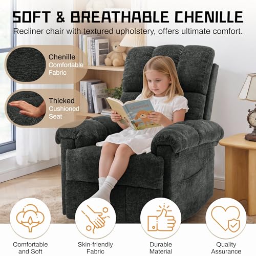 Korser Recliner Chair, Living Room Recliner Chairs for Adults, Small Recliners for Small Spaces, Upholstered Manual Recliner with Side Pockets, Modern Nursery Chair for Living Room, Chenille, Black