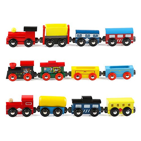 Joqutoys 12 PCS Wooden Train Cars, Train Toys Magnetic Set Includes 3 Engines and Storage Bag, Toy Train Sets for Kids Toddler Boys and Girls, Compatible with Major Brands Train Tracks Set Joqutoys