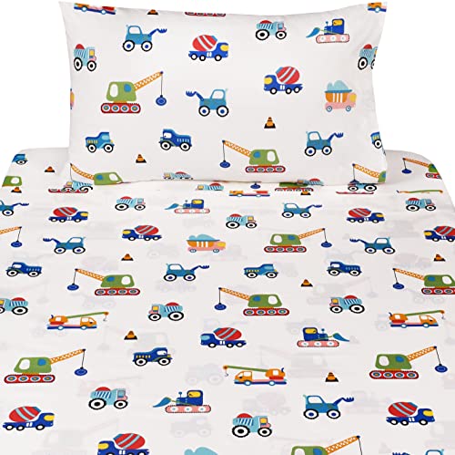 J-pinno Build Construction Engineering Vehicle Cars Trucks Crane Digger Cartoon 100% Cotton Twin 3 Pieces Sheet Set Decoration Kids Boys Children Flat Sheet + Fitted Sheet + Pillowcase Bedding Set J-pinno