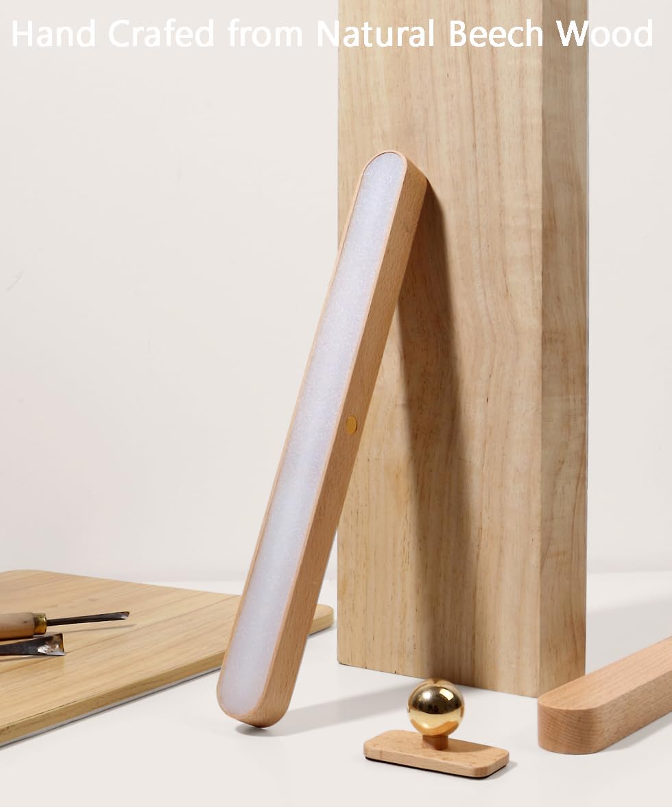 Chilvane Wooden Vanity Light Wall Sconce Battery Operated Wall Light LED 360° Rotable Magnetic Ball Dimmable Rechargeable Wall Mounted Cordless Night Light for Mirror Makeup Bathroom Bedroom Household Chilvane