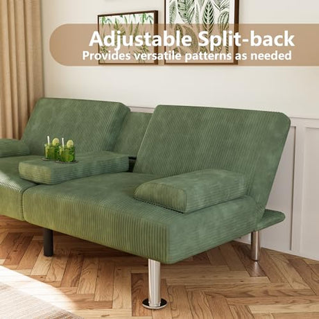 Flamaker Futon Sofa Bed Corduroy Folding Couch Adjustable Sleeper Sofa Bed for Small Apartment Upholstered Living Room Furniture Set with 2 Cup Holders Removable Armrests (Corduroy, Green) Flamaker