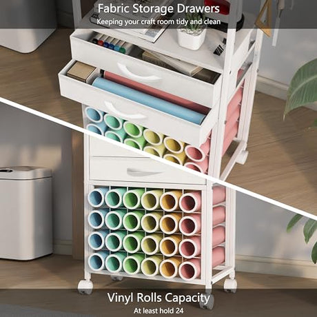 VENNQD Organizer and Storage Stand Compatible with Cricut Machines,Rolling Storage Cart/Shelf with 24 Vinyl Roll Holders，2 Fabric Drawer,Accessories Holder,Tool Hook for Craft Room Home (white) VENNQD