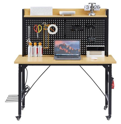 48L''Adjustable Height Workbench with Pegboard, Heavy Duty Wooden Desktop Workbench with Wheels, 2000 lb. Load Capacity, Rolling Workbench with AC/USB Outlet, Hooks, Shelf (Yellow+Black, 48''L) Clyrava