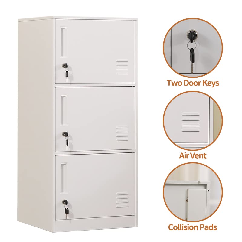 3 Door Metal Vertical Storage Locker for Kids Bedroom, Children Room, School, Office, Home ,Stackable Steel Storage Cabinet for Toys, Clothes & Sports Equipment,Anti-falling Device. (3D, white) DAYTOYS