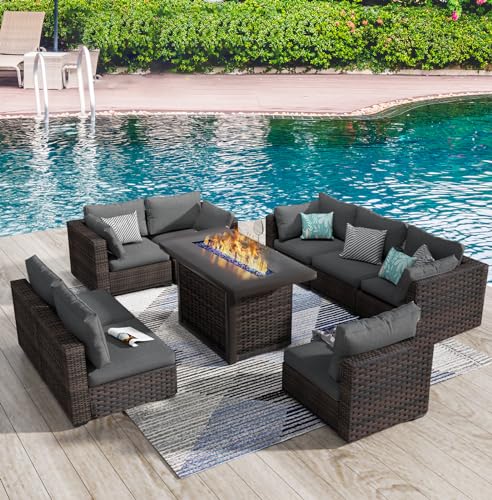 9 Pieces Patio Furniture Set with Fire Pit Table, Outdoor Rattan Sectional Sofa- All Weather High Backrest Wicker Couch Conversation Set with Waterproof Cushion for Backyard balcony Porch (Gr - WoodArtSupply