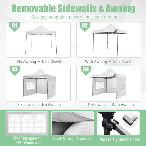 Tangkula 10x10 FT Pop Up Canopy, Outdoor Tent with 3 Sidewalls & Awning, Wheeled Bag, 4 Sandbags, 8 Stake, 4 Ropes, Portable Canopy Tent for Party Picnic Event Beach Camping (White) Tangkula