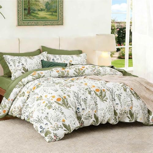 ETDIFFE Green Floral Queen Size Comforter Set, 3pc Flower Printed Soft Bedding Set, All Season Lightweight Botanical Pattern Bed Comforter, White ETDIFFE
